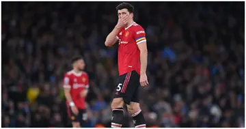 Harry Maguire looks dejected following a Manchester United defeat against Man City at Etihad Stadium. Photo by Laurence Griffiths.