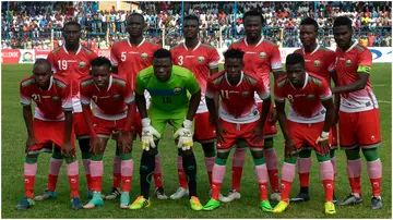 Kenya's Harambee Stars football team pose ahead of their final match with Zanzibar CECAFA at Machakosc County. Photo: Simon Maina.