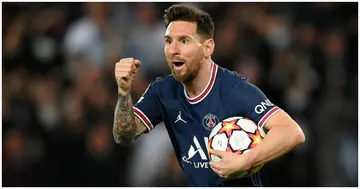 Lionel Messi celebrates after scoring their side's second goal during the UEFA Champions League group A match between Paris Saint-Germain and RB Leipzig. Photo by Matthias Hangst.