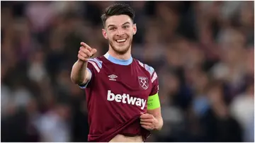 Declan Rice gestures during the UEFA Europa Conference League semi-final match between West Ham United and AZ Alkmaar at London Stadium. Photo by Shaun Botterill.