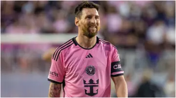 Lionel Messi looks on during the MLS football match between Orlando City and Inter Miami FC at Chase Stadium. Photo by Chris Arjoon.
