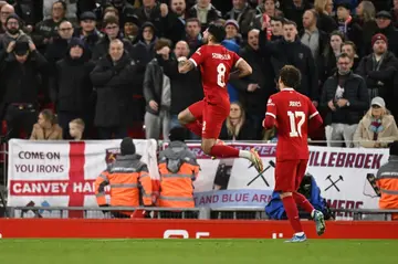 Liverpool's Dominik Szoboszlai celebrates his goal in the League Cup quarter-final against West Ham