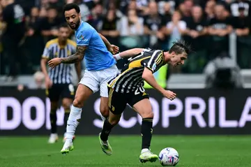 Fabio Miretti (R), seen here playing against Lazio, netted his first Juve goal on Sunday