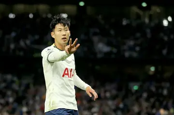 Tottenham's Son Heung-min celebrates his hat-trick against Leicester