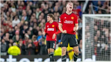 Rasmus Højlund celebrates after scoring during the UEFA Champions League match between Manchester United and Galatasaray at Old Trafford. Photo by Richard Callis.