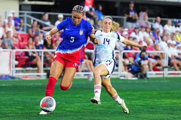 United States forward Trinity Rodman controls the ball against Costa Rica's Priscila Chinchilla during a 0-0 draw in a women's football friendly at Washington