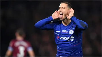 Eden Hazard celebrates after scoring his team's first goal during the Premier League match between Chelsea FC and West Ham United at Stamford Bridge. Photo by Chelsea Football Club.