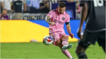 Lionel Messi takes a free kick during the Major League Soccer football match between Inter Miami CF and Nashville SC at DRV PNK Stadium. Photo by Chris Arjoon.