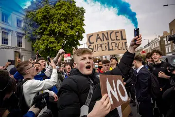 Chelsea fans protest the creation of the European Super League in April 2021.