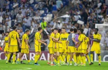Columbus Crew's players celebrate after defeating Monterrey in the CONCACAF Champions Cup semi-finals on Wednesday