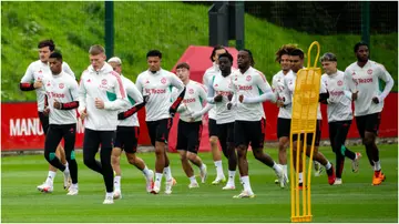 Manchester United players in action during a first-team training session at Carrington Training Ground. Photo by Ash Donelon.