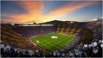 A general view of the tifo display before the UEFA Champions League semi-final first leg match between Barcelona and Liverpool at Camp Nou.