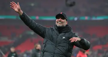 Jurgen Klopp celebrates after the Carabao Cup Final match between Chelsea and Liverpool at Wembley Stadium. Photo by James Gill - Danehouse.