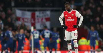 A dejected Nicolas Pepe during the Premier League match between Arsenal FC and Chelsea FC at Emirates Stadium. Photo by James Williamson.