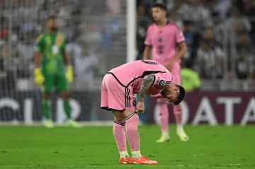 Inter Miami's Lionel Messi reacts after Mexican side Monterrey score to go 2-0 up in their CONCACAF Champions Cup quarter-final win