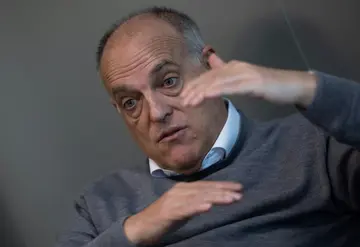 La Liga president Javier Tebas gestures during an AFP interview in Madrid on February 14