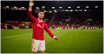 Cristiano Ronaldo salutes the fans at the end of the Premier League match between Manchester United and Brentford at Old Trafford. Photo by Ash Donelon.