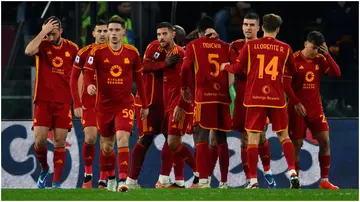 Romelu Lukaku celebrates with teammates after scoring during the Serie A clash between A.S. Roma and A.C.F. Fiorentina. Photo by Domenico Cippitelli.