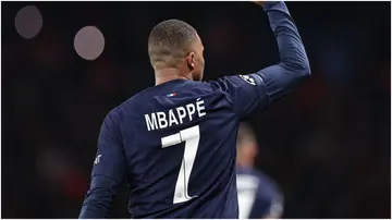 Kylian Mbappe celebrates after scoring during the UEFA Champions League Group F football match between Paris Saint-Germain and AC Mila. Photo by Franck Fife.