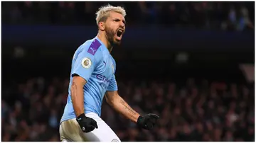 Sergio Aguero celebrates after scoring during the Premier League match between Manchester City and Crystal Palace at Etihad Stadium. Photo by Laurence Griffiths.