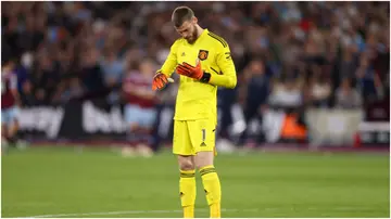 David de Gea looks dejected during the Premier League match between West Ham United and Manchester United at London Stadium. Photo by Andrew Kearns.