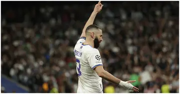 Karim Benzema celebrates after scoring a goal during the UEFA Champions League Semi-Final second leg match between Manchester City and Real Madrid at Santiago Bernabeu. Photo by Burak Akbulut.