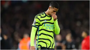 William Saliba looks dejected during the Premier League match between Aston Villa and Arsenal FC at Villa Park. Photo by James Gill.