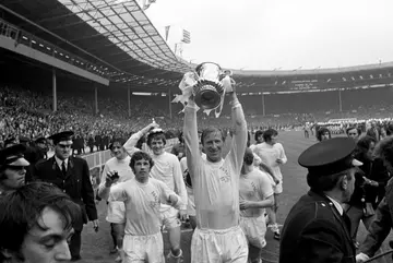 Leeds United's Jack Charlton lifts the FA Cup after their win against Arsenal on May 06, 1972.