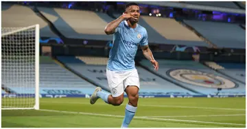 Gabriel Jesus celebrates after scoring his team's second goal during a UEFA Champions League match between Man City and Real Madrid. Photo by Nick Potts.