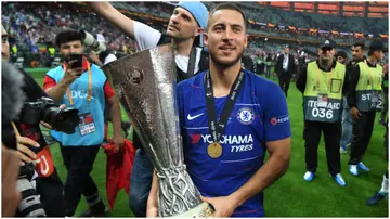 Eden Hazard celebrates with the trophy during the UEFA Europa League Final between Chelsea and Arsenal at Baku Olimpiya Stadionu. Photo by Michael Regan.