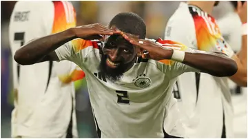 Antonio Rudiger has sparked reactions online after he was spotted celebrating a tackle against Denmark. Photo by Ian MacNicol.