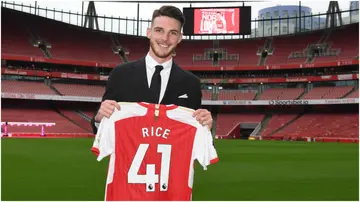 Arsenal manager Mikel Arteta with new signing Declan Rice and Sporting Director Edu at Emirates Stadium. Photo by Stuart MacFarlane.