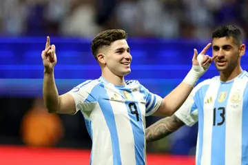 Argentina striker Julian Alvarez celebrates scoring during his team's Copa America group A match against Canada on Thursday.