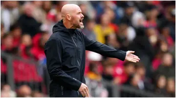 Erik ten Hag reacts during the pre-season friendly match between Manchester United and RC Lens at Old Trafford. Photo by Alex Caparros.