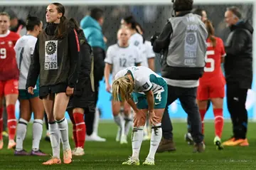 New Zealand midfielder Katie Bowen (C) shows her disappointment as the co-hosts exited the Women's World Cup after a goalless draw with Switzerland