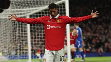 Marcus Rashford celebrates while in action for Manchester United during the Emirates FA Cup Third Round match between United and Everton at Old Trafford. Photo by Matthew Ashton.