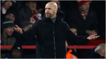 Erik ten Hag gestures on the touchline during the English Premier League football match between Nottingham Forest and Manchester United at The City Ground. Photo by Darren Staples.
