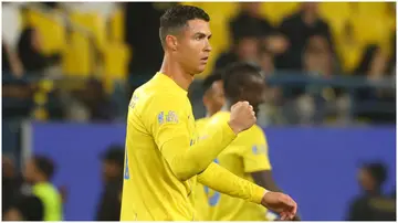Cristiano Ronaldo celebrates after scoring during the Saudi Pro League football match between Al-Nassr and Al-Tai. Photo by Fayez Nureldine.