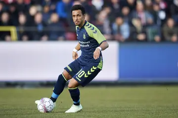 Hany Mukhtar of Brondby IF in action during the Danish Alka Superliga match against AaB Aalborg at Aalborg Portland Park on April 02, 2018, in Aalborg, Denmark