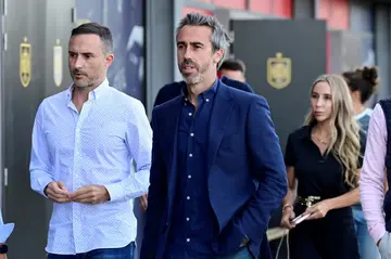 Spain's women national football team coach Jorge Vilda (C) arrives to hold a press conference at the Las Rozas football centre.