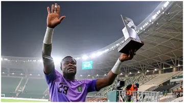 Stanley Nwabali celebrates the victory at the end of the Africa Cup of Nations 2023 semi-final football match between Nigeria and South Africa. Photo: ISSOUF SANOGO.