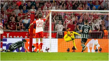 Andre Onana in action during the UEFA Champions League match between FC Bayern München and Manchester United at Allianz Arena. Photo by Ash Donelon.