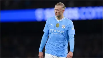 Erling Haaland in action during the Premier League match between Manchester City and Chelsea FC at Etihad Stadium. Photo by James Gill.