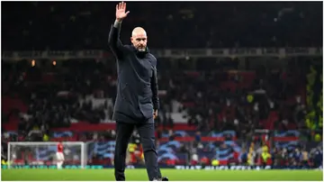 Erik ten Hag acknowledges the fans after the team's victory during the UEFA Champions League match between Manchester United and F.C. Copenhagen at Old Trafford. Photo by Michael Regan.