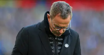 Ralf Rangnick looks dejected during the Premier League match between Man City and Man United at Etihad Stadium. Photo by Alex Livesey.