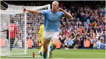 Erling Haaland celebrates during the Premier League match between Manchester City and Manchester United at Etihad Stadium. Photo by Laurence Griffiths.