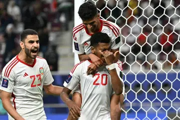 UAE's forward  Yahya Al-Ghassani celebrates scoring