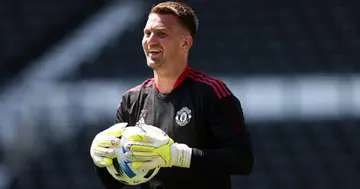 Tom Heaton of Manchester United during the pre-season friendly between Derby County and Manchester United at Pride Park on July 18, 2021 in Derby, England. (Photo by Marc Atkins/Getty Images)