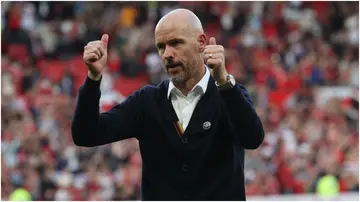 Erik ten Hag celebrates after the Premier League match between Manchester United and Brentford FC at Old Trafford. Photo by Matthew Peters.