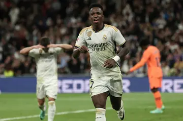 Real Madrid's Brazilian forward Vinicius Junior celebrates scoring in the romp to victory over Valencia in La Liga on Saturday